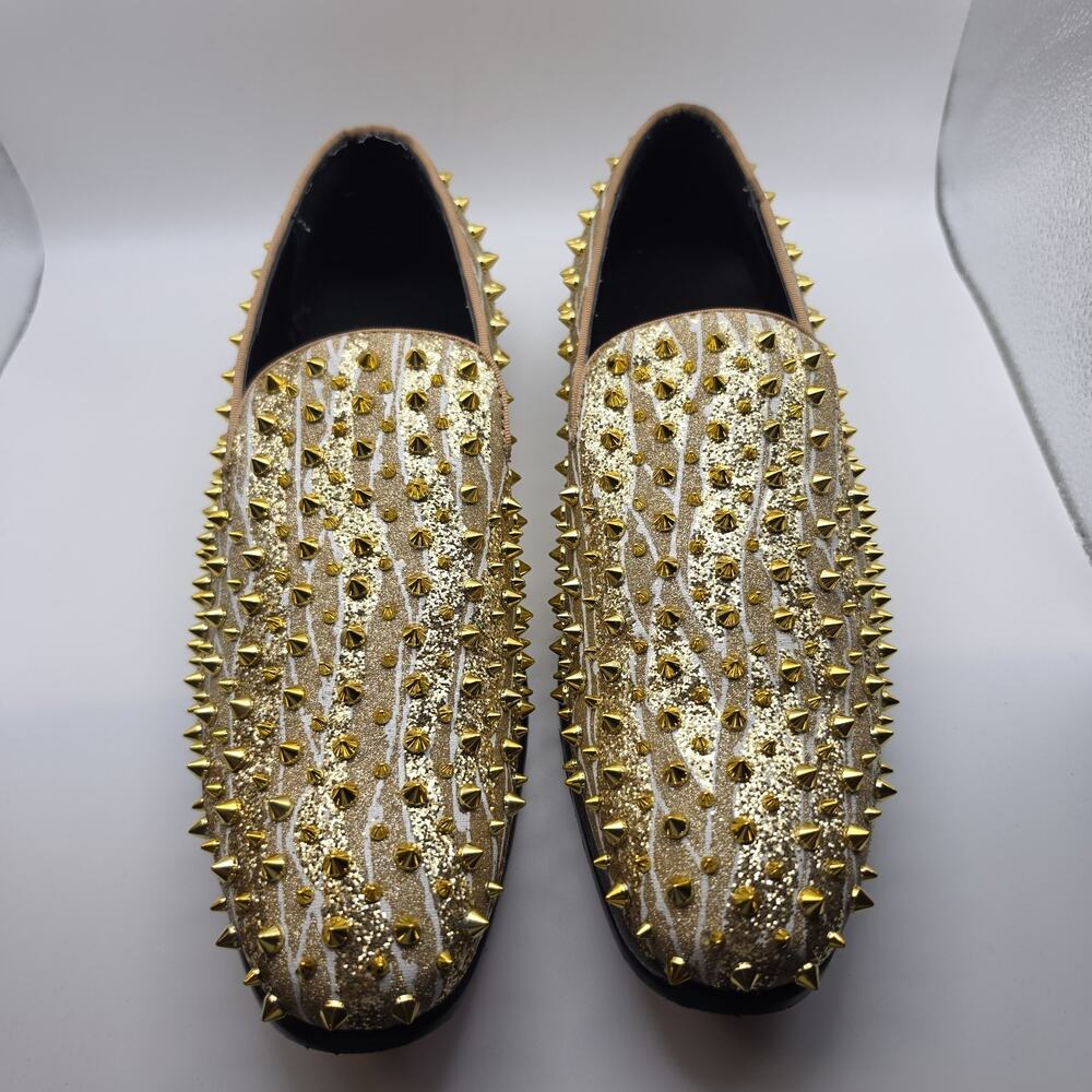 AM Exclusive Men's King Size 8.5 Gold Glitter Spiked Studded Loafers Slip On